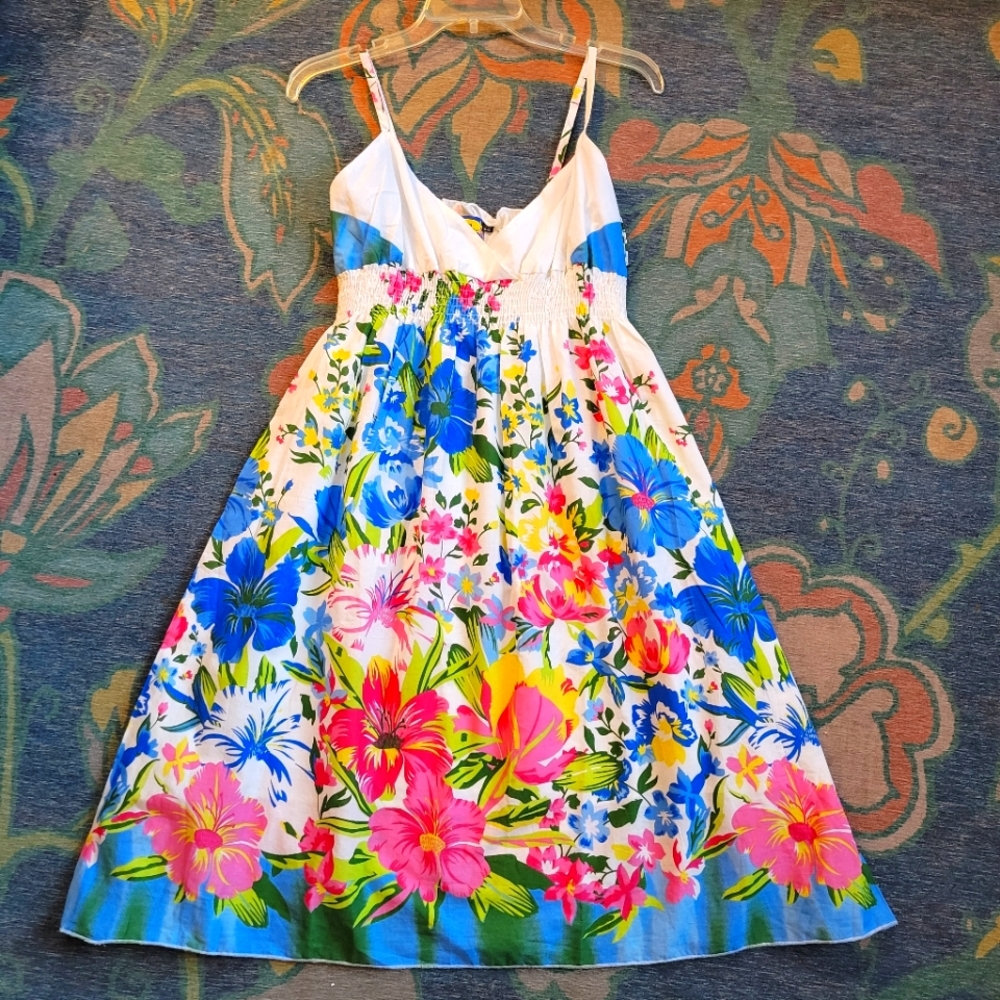 Rima Beachworld Gorgeous Lined Cotton Smocked Floral Dress Free Size